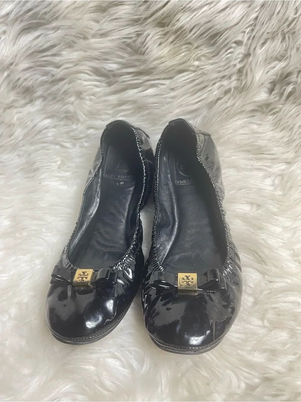 Tory Burch Black Patent Leather Logo Bow Ballet Flats SZ8M